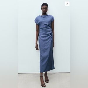 Mango Slate Blue Midi Dress with Side Ruching